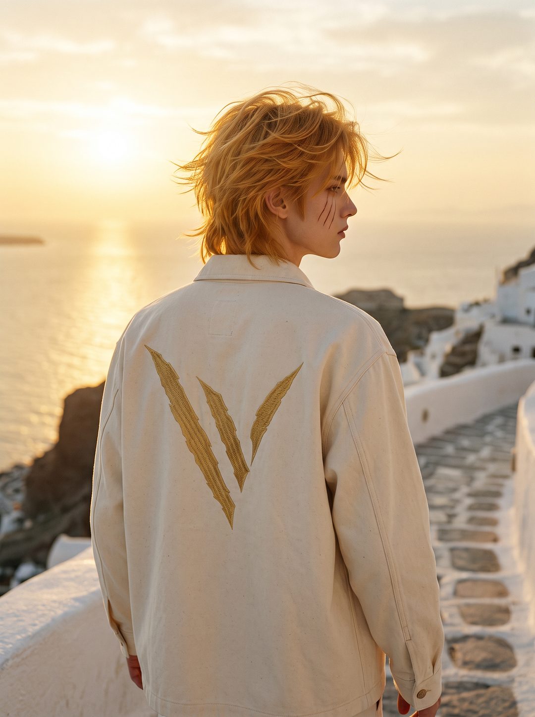 Jacket with gold claw-V emblem on the back, sea at sunset
