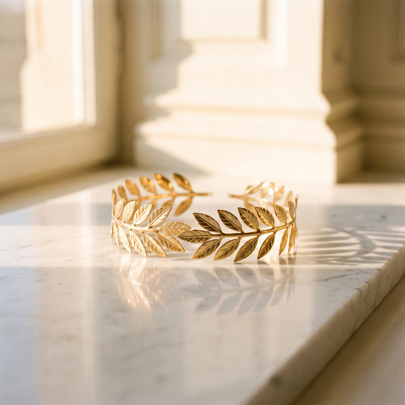 Golden laurel band resting on a marble sill