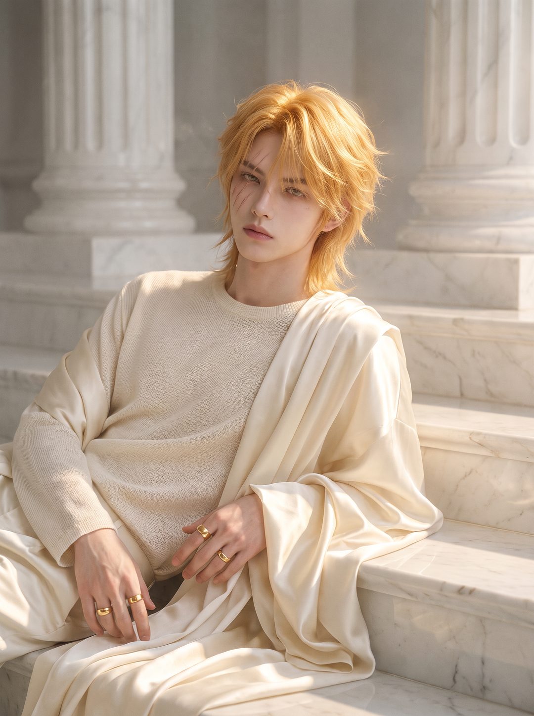 Model reclining in flowing ivory silk on marble steps