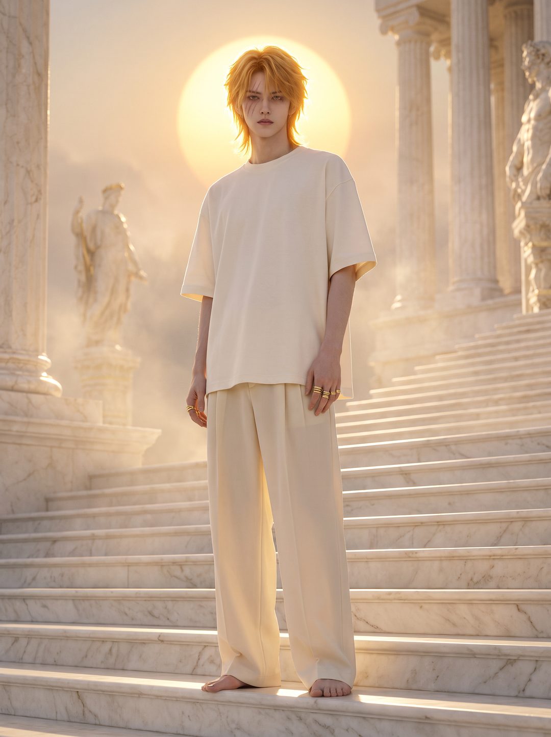 Model in ivory on marble temple steps at golden hour