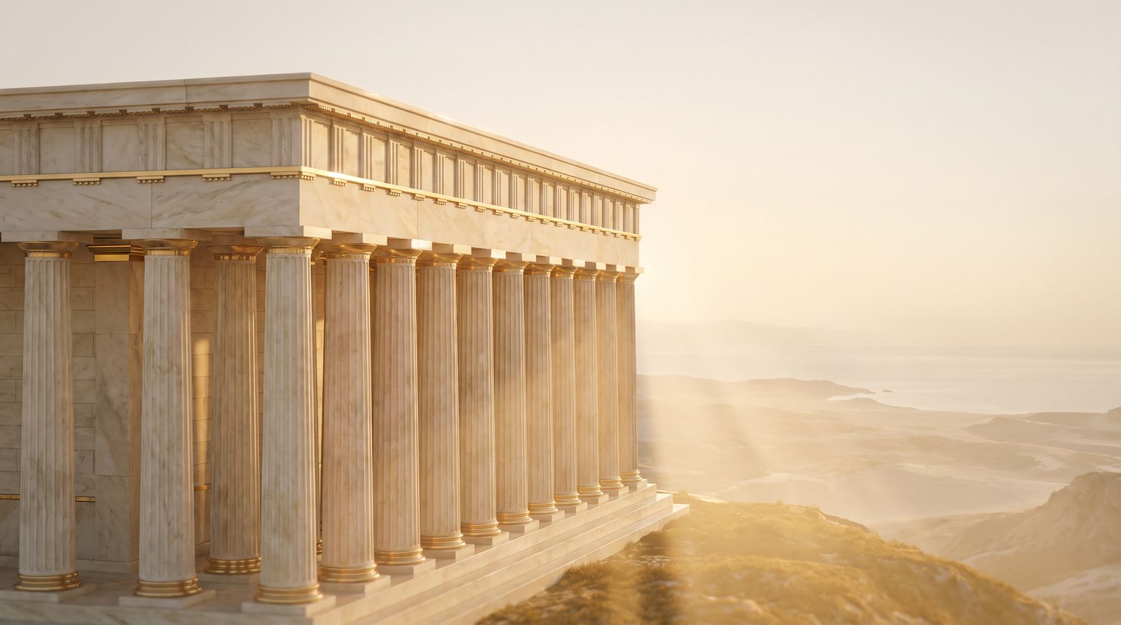 Marble temple glowing at dawn above the clouds