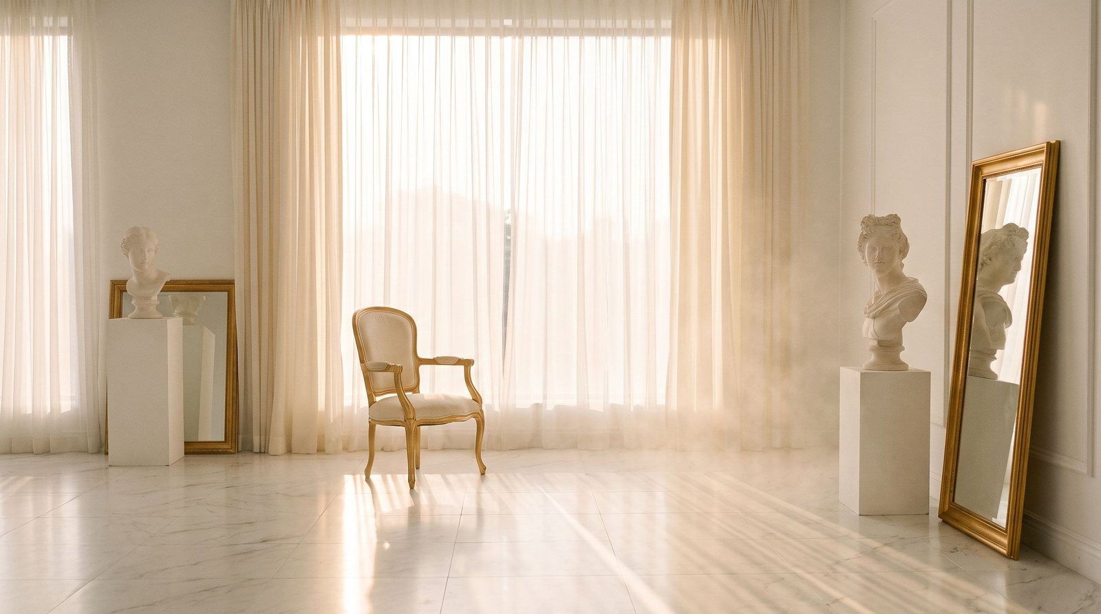 Sunlit ivory room with sheer curtains and a gilded mirror