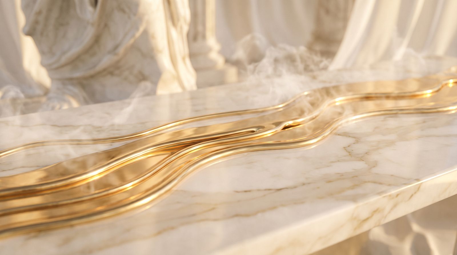 Liquid gold flowing over white marble