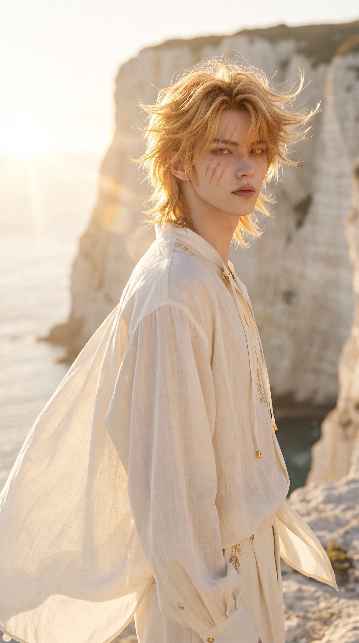 Model on a white cliff, ivory fabric moving in the wind