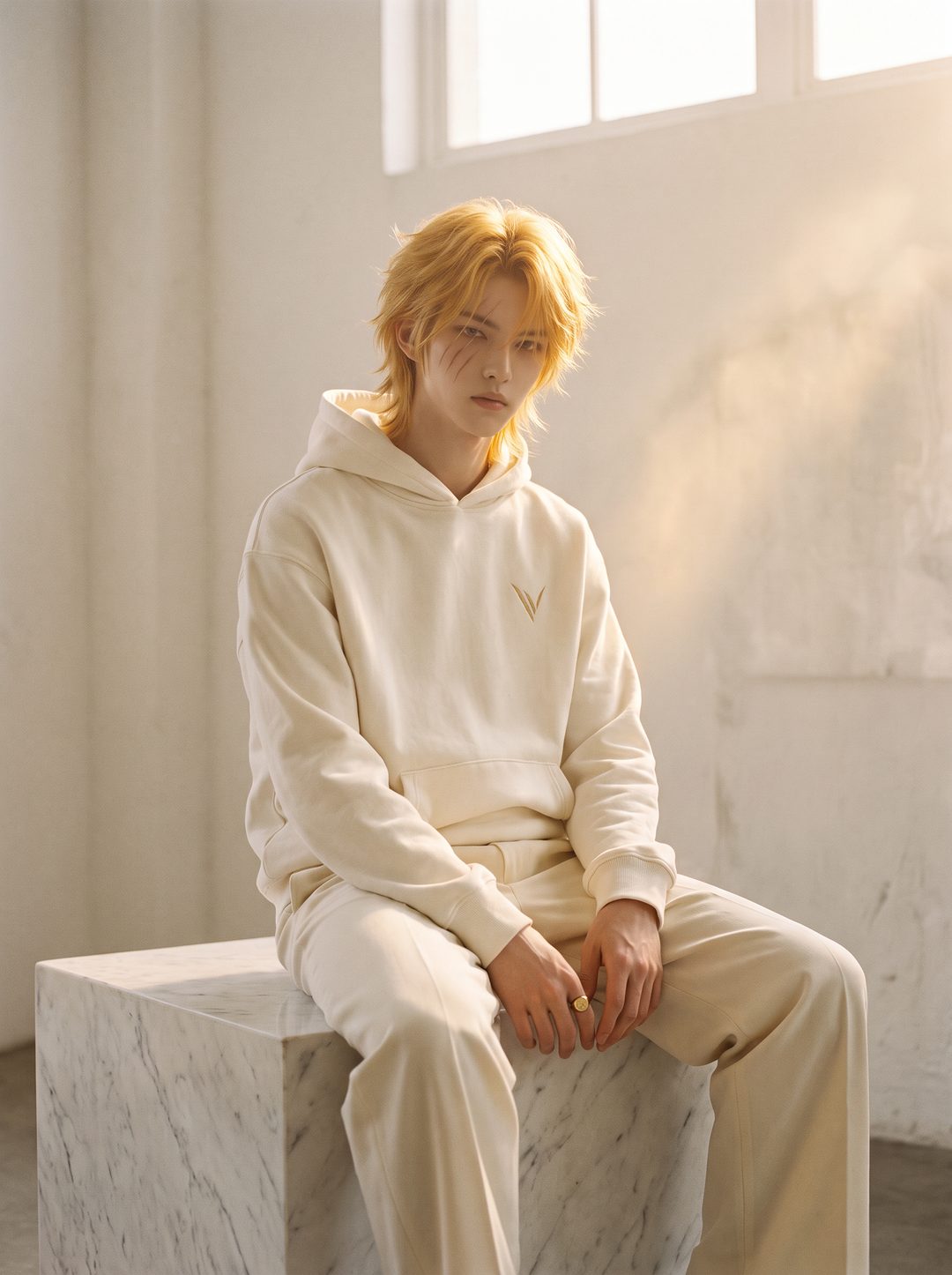 Model in an ivory hoodie with a gold claw monogram