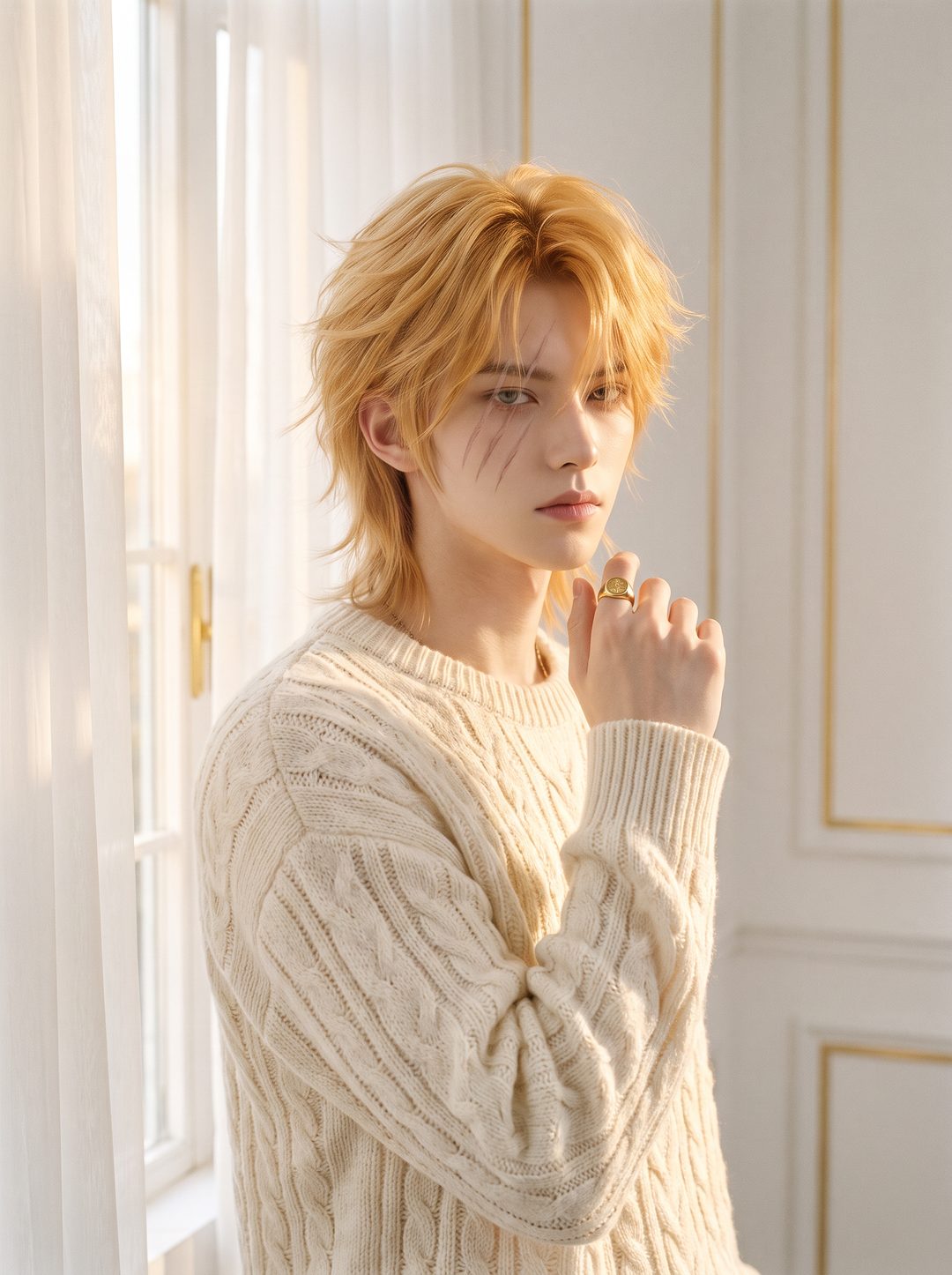 Model in a cream cable knit by a tall window