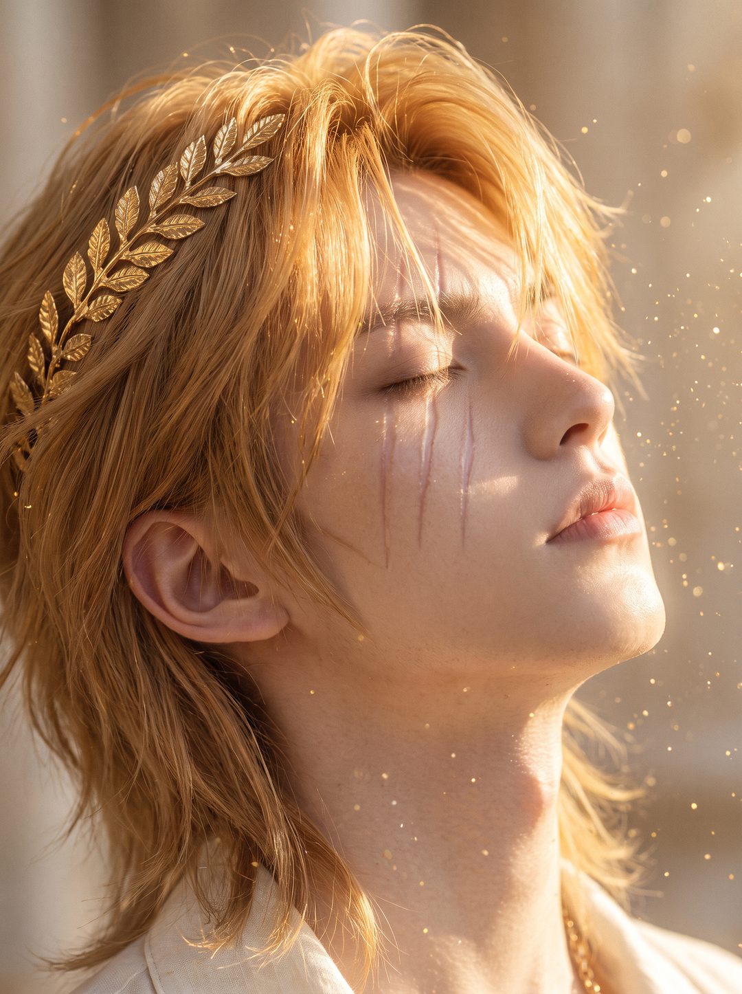 Profile portrait wearing a golden laurel crown