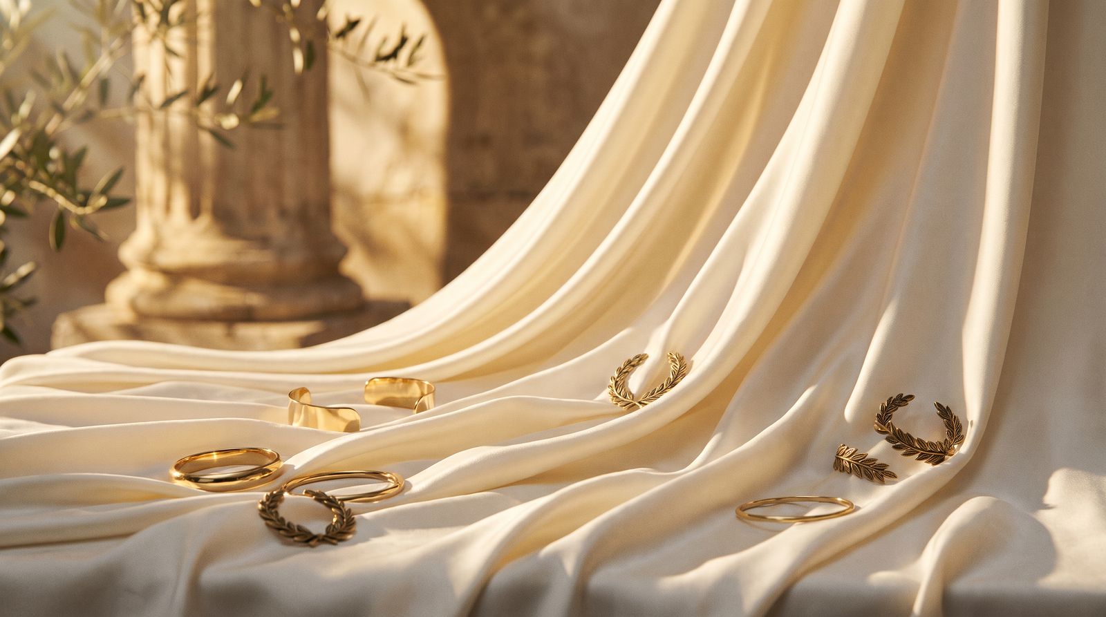 Ivory silk draped in warm light with gold rings