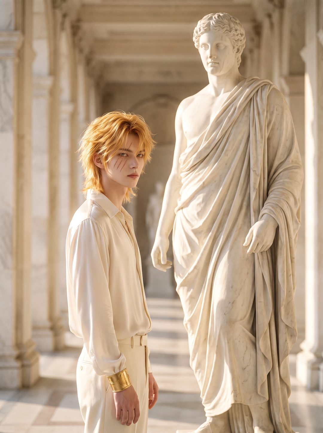Model beside a draped marble statue in a colonnade