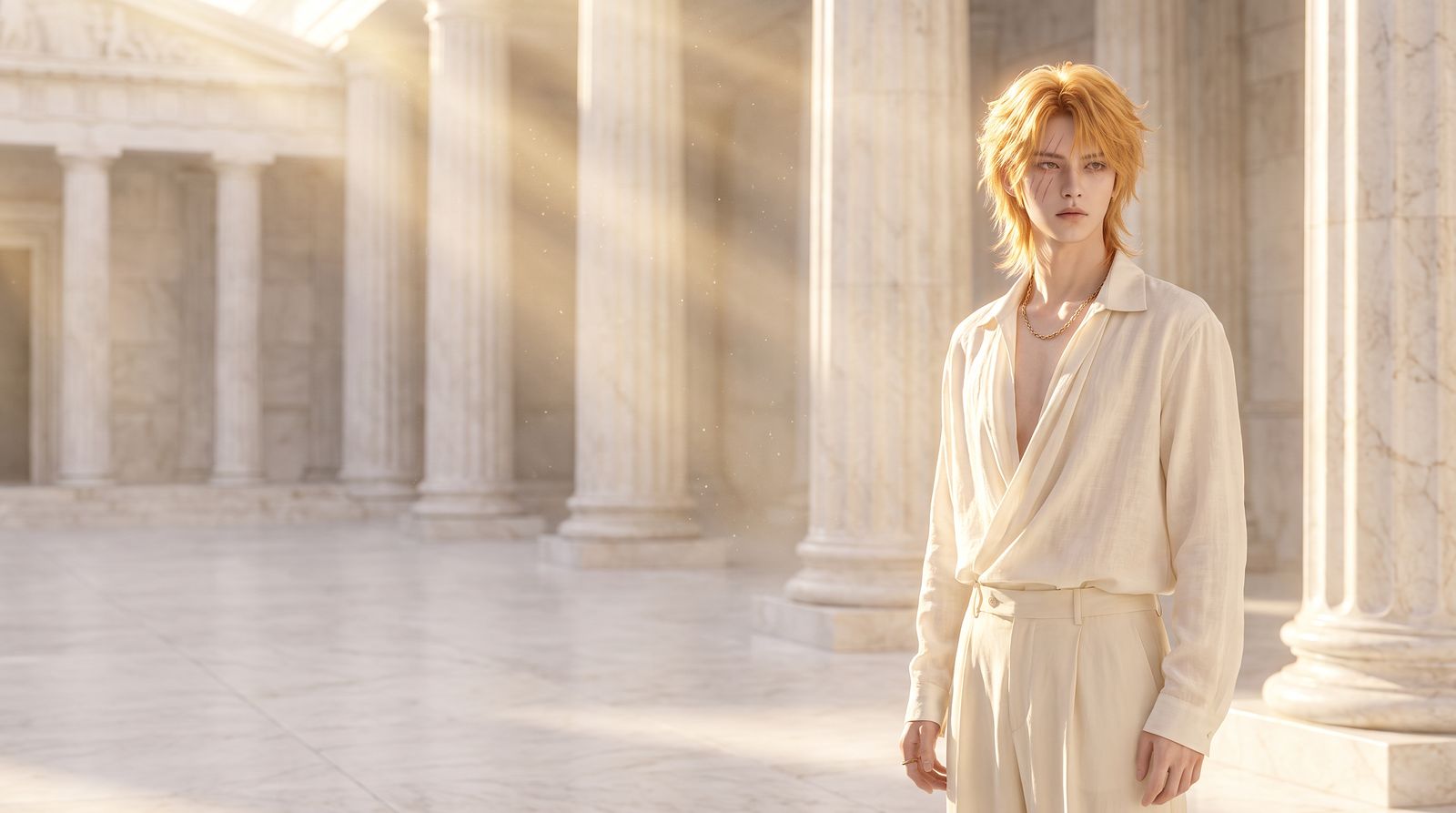 Golden-haired model standing between sunlit marble columns